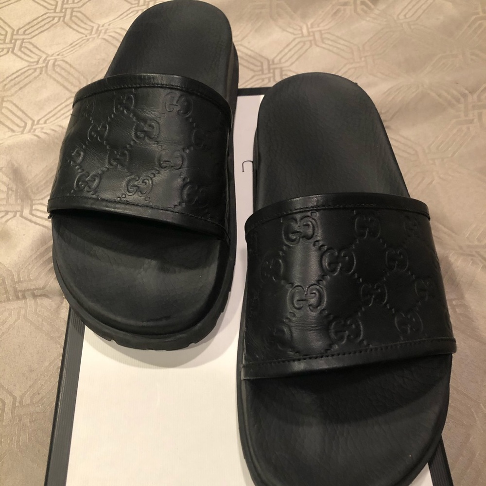 Gucci black Leather Slides G10 size 11